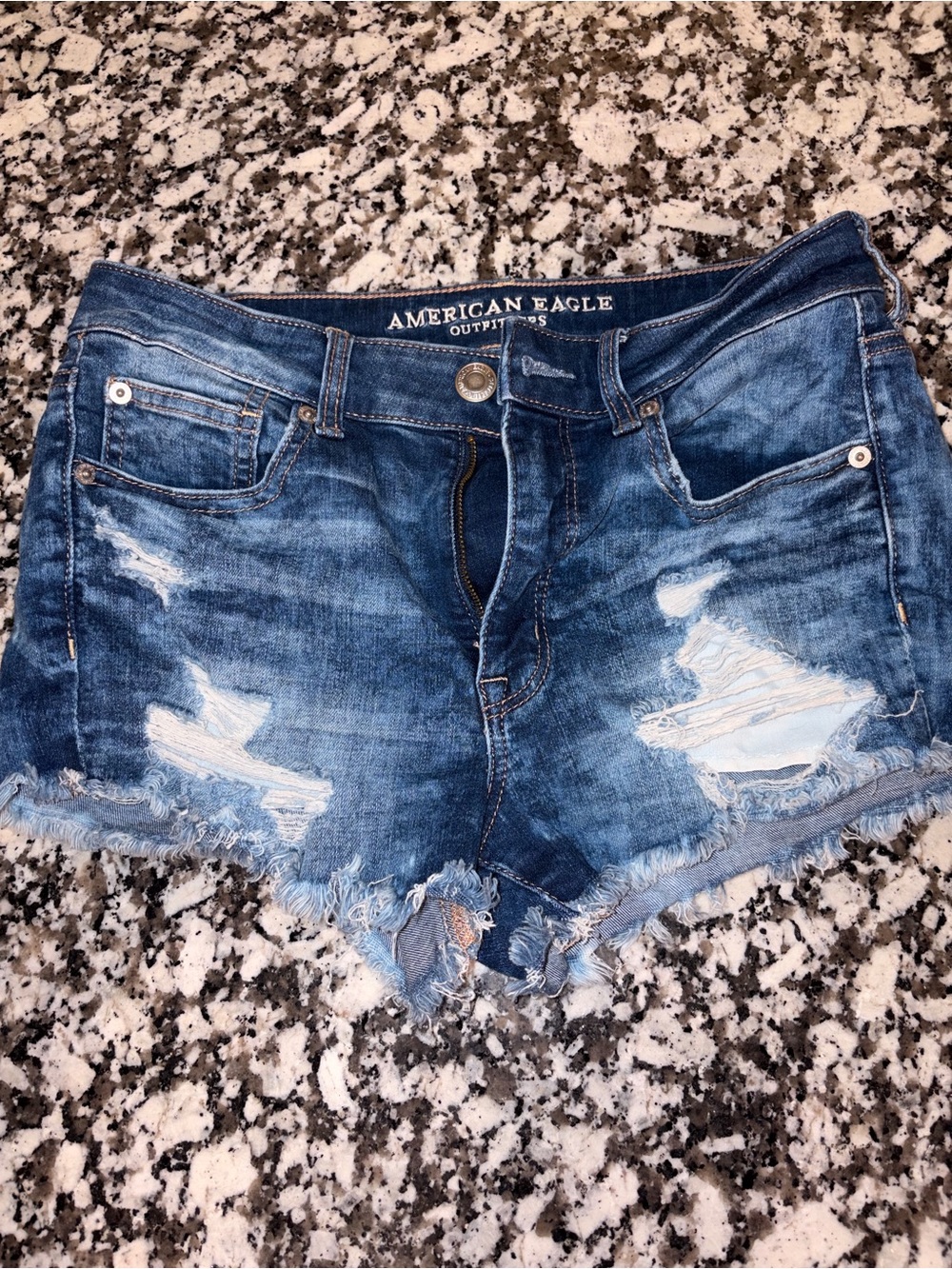 American Eagle Super Stretch Distressed Denim Shorts Size 6 Raw Hem